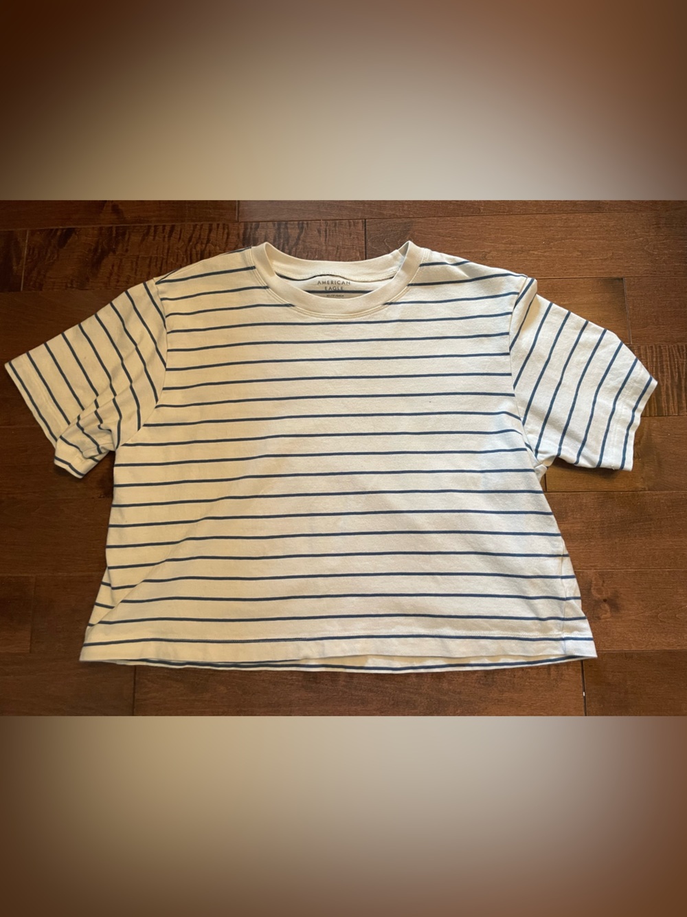 American Eagle Outfitters cropped oversized cream Tee with Navy Stripes